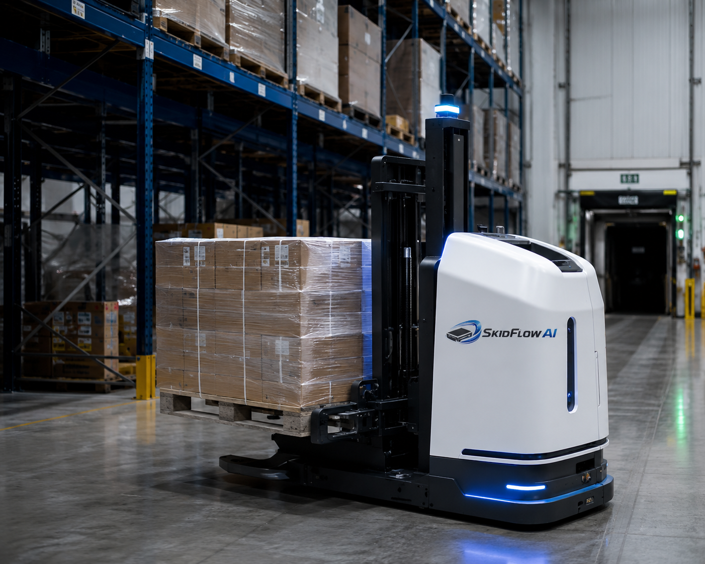SkidFlow AI autonomous forklift moving a wrapped pallet inside a live 3PL warehouse